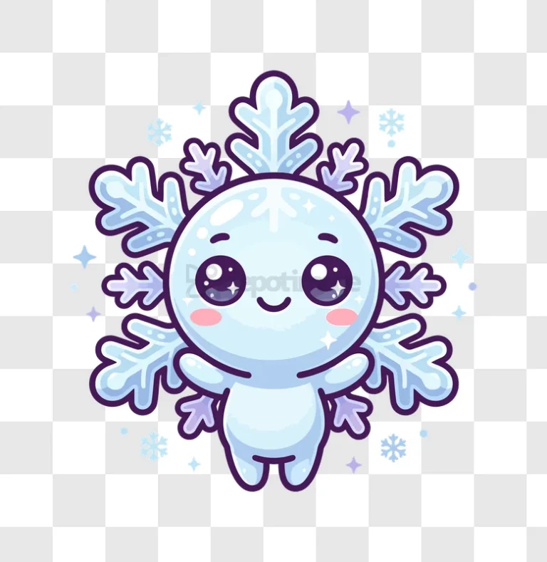 Cute Snowflake Character With Big Eyes cartoon style light blue transparent