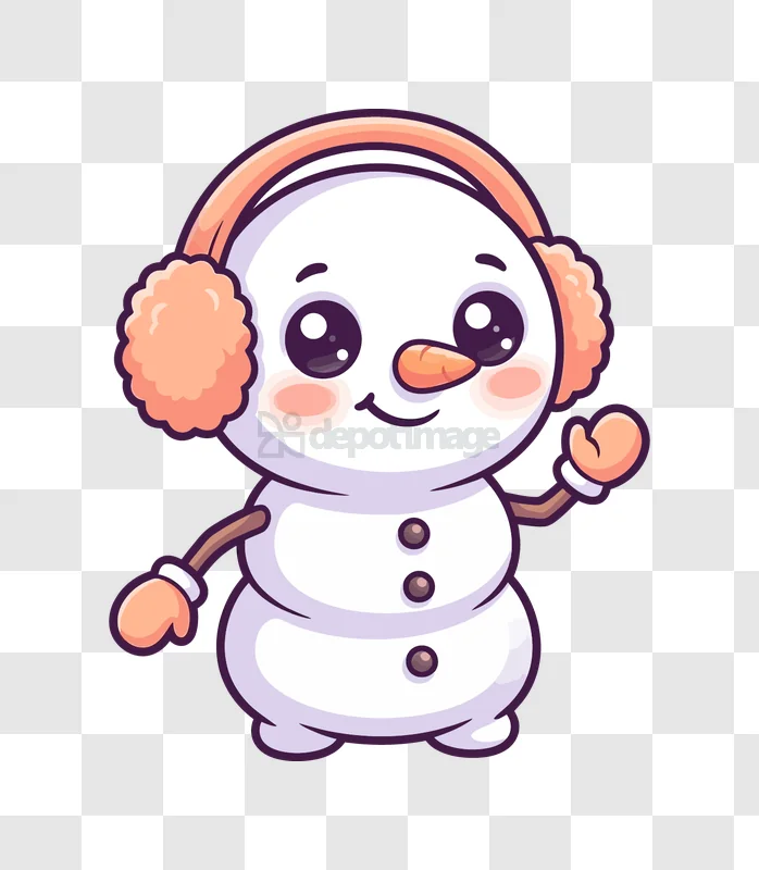 Cute Snowman With Earmuffs Waving cartoon style transparent background