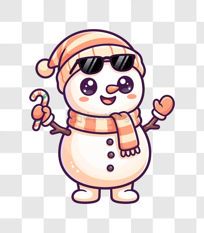 Cute Snowman With Sunglasses and Candy cartoon style transparent background