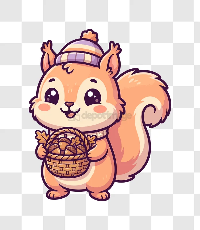 Cute Squirrel With Acorns Basket cartoon style transparent background