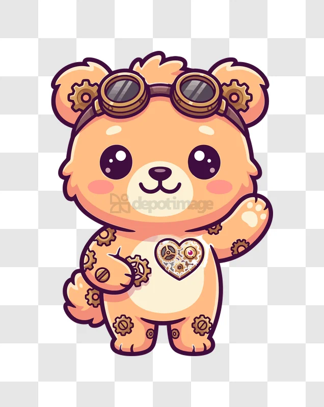 Cute Steampunk Bear Waving Hello cartoon style transparent background