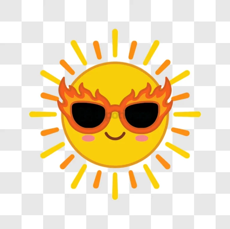 Cute Sun Wearing Flame Sunglasses, cartoon style yellow orange