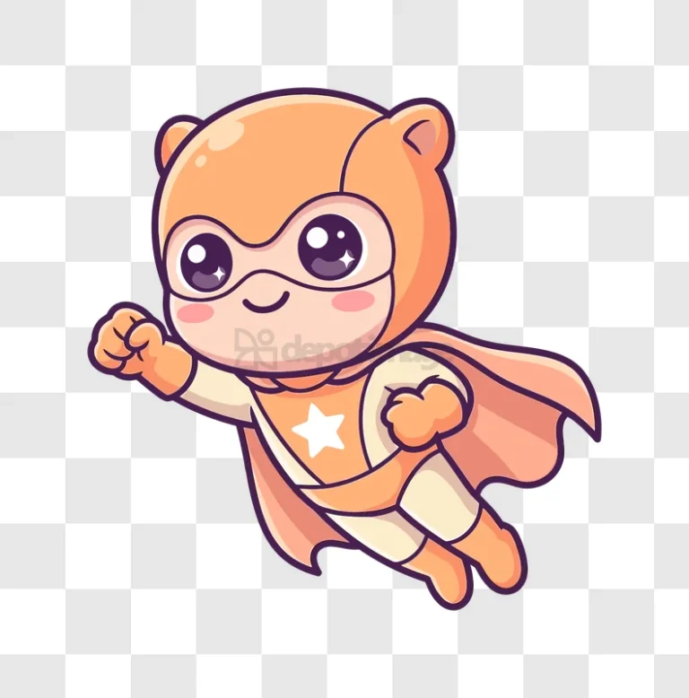 Cute Super Hero Flying Cartoon Style orange character transparent background