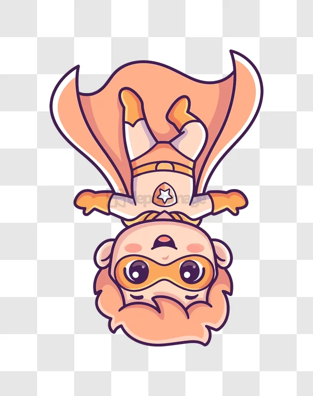 Cute Super Hero Flying Upside Down cartoon style orange character transparent background