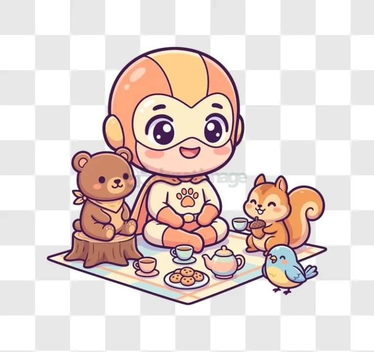 Cute Super Hero Picnic With Animals cartoon style transparent background