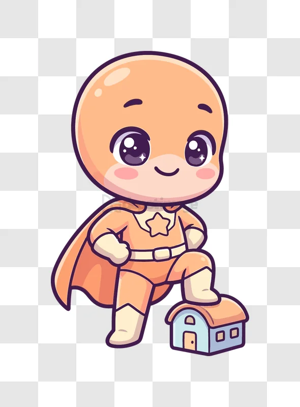Cute Super Hero Standing on House cartoon character orange cape