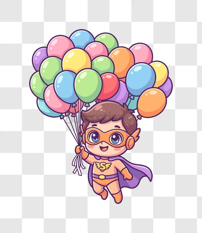 Cute Superhero Boy Flying With Colorful Balloons cartoon style transparent background