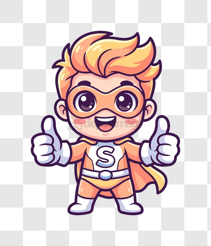 Cute Superhero Boy Giving Thumbs up Gesture cartoon style transparent background