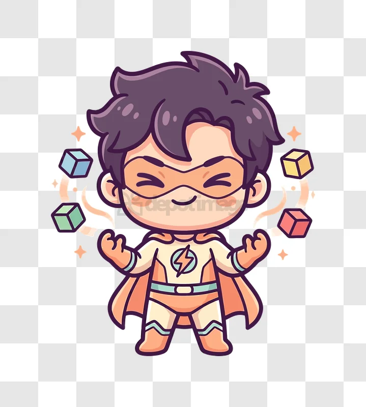Cute Superhero Boy With Magic Cubes Cartoon Illustration cartoon style orange purple transparent background