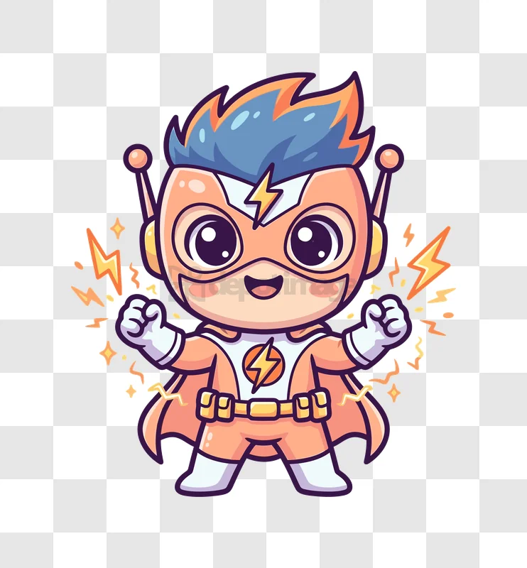 Cute Superhero Character With Lightning Bolt Symbol and Energetic Aura cartoon style transparent background