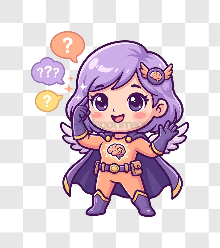Cute Superhero Girl With Brain Symbol and Question Marks vibrant cartoon transparent background