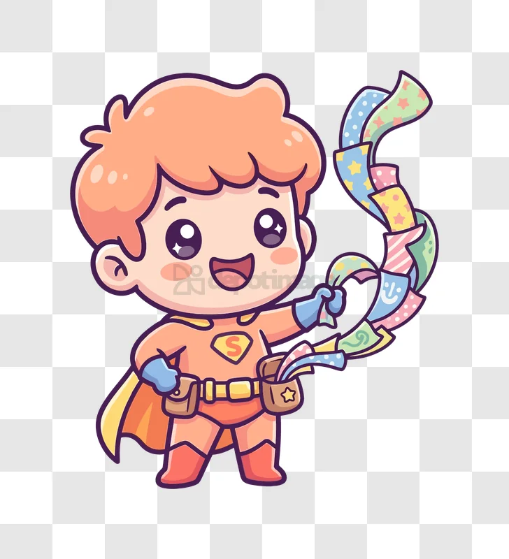 Cute Superhero Holding Streamers Smiling cartoon style transparent background
