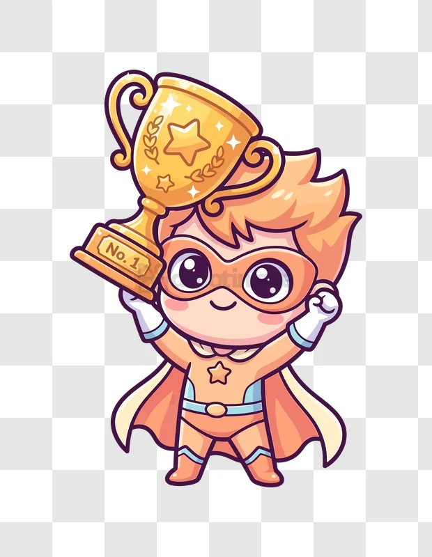 Cute Superhero Kid Holding Golden Trophy Award cartoon style transparent background