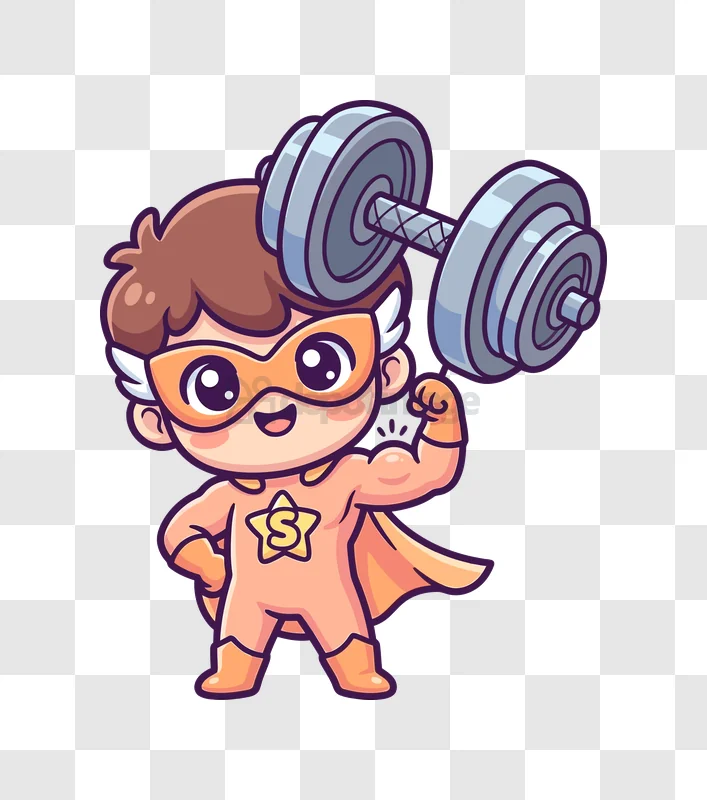 Cute Superhero Kid Lifting Heavy Dumbbell Cartoon Illustration cartoon style orange brown transparent