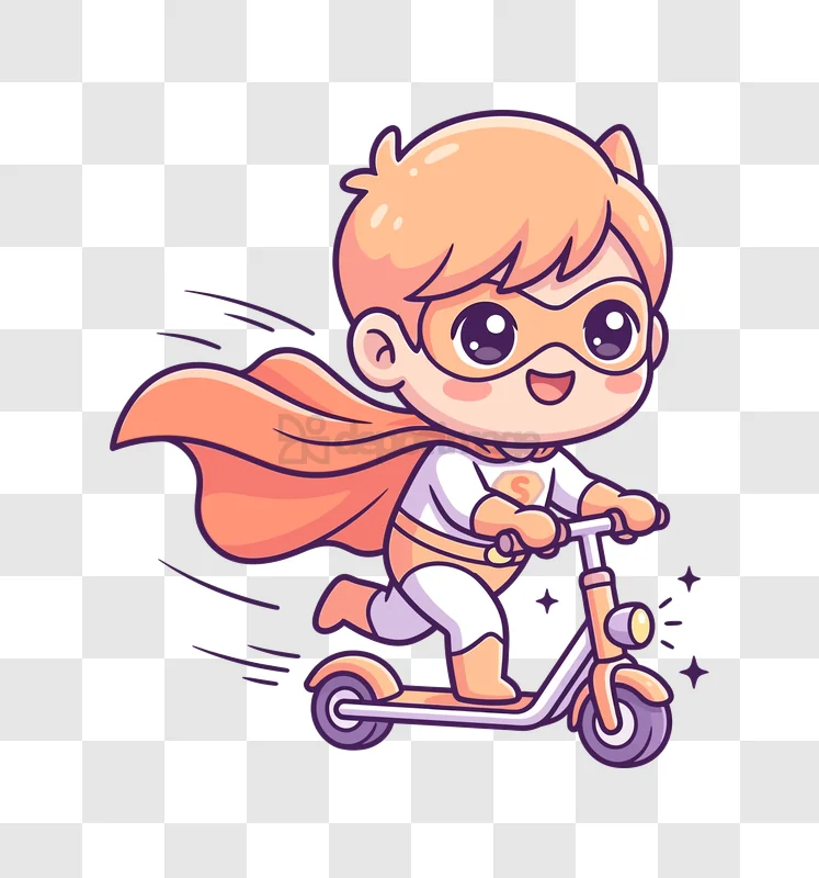 Cute Superhero Kid on Scooter cartoon style orange cape