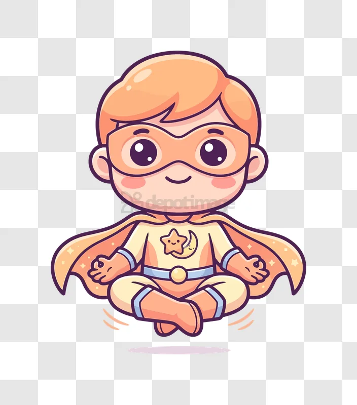 Cute Superhero Meditating While Floating cartoon style transparent background