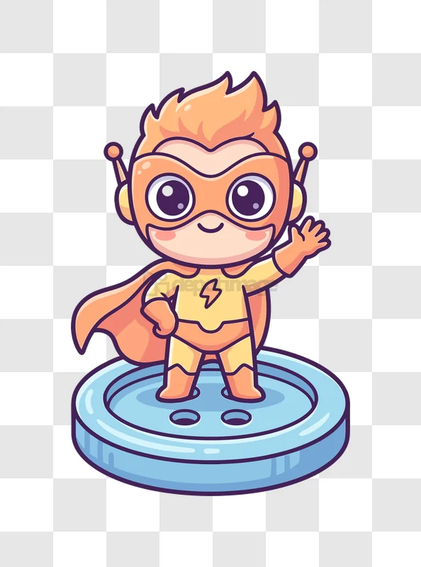 Cute Superhero Waving on a Platform cartoon style orange character blue platform