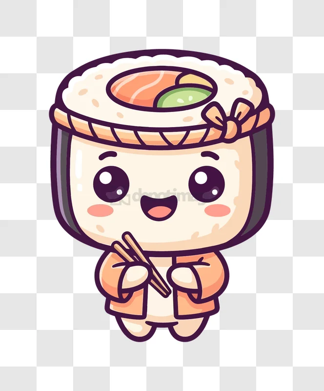 Cute Sushi Roll Holding Chopsticks cartoon style white background