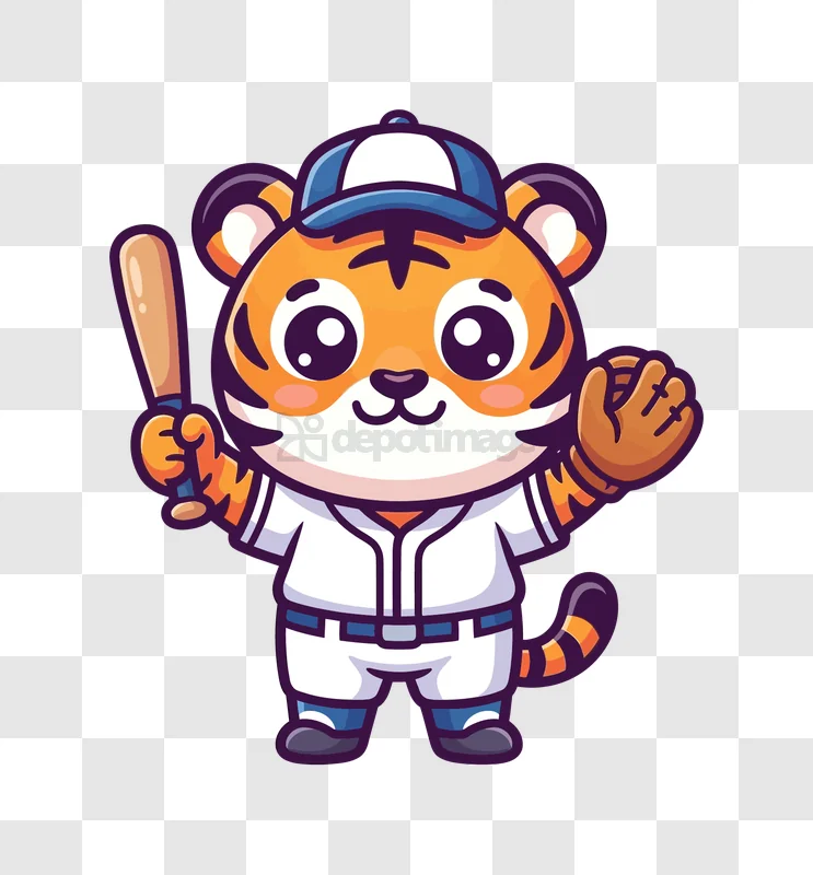 Cute Tiger Playing Baseball Cartoon cartoon style transparent background