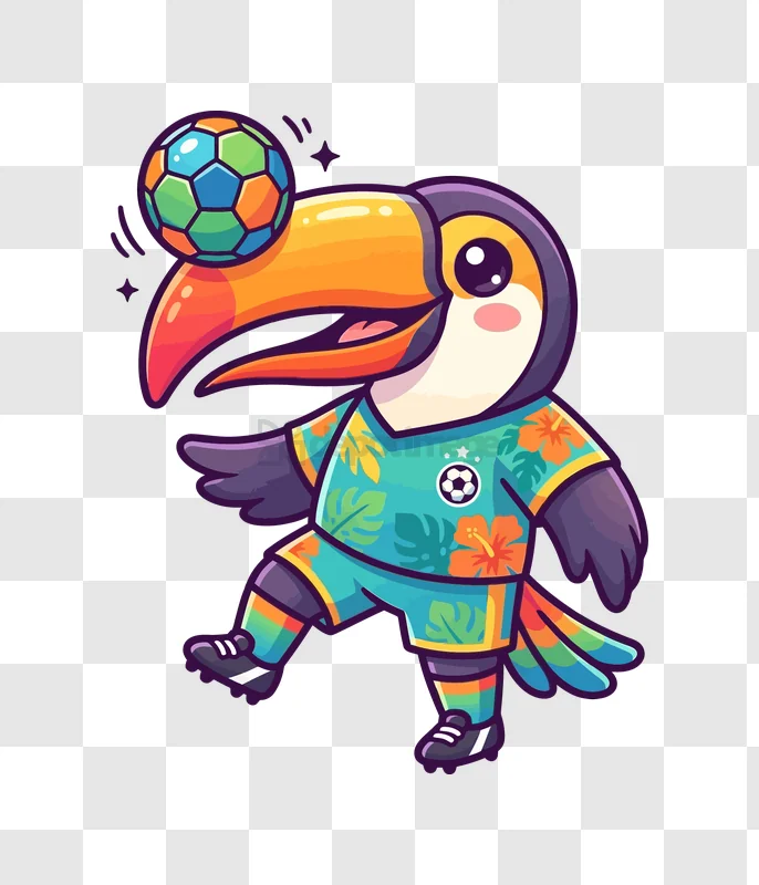 Cute Toucan Playing Soccer Ball cartoon style vibrant colors transparent background
