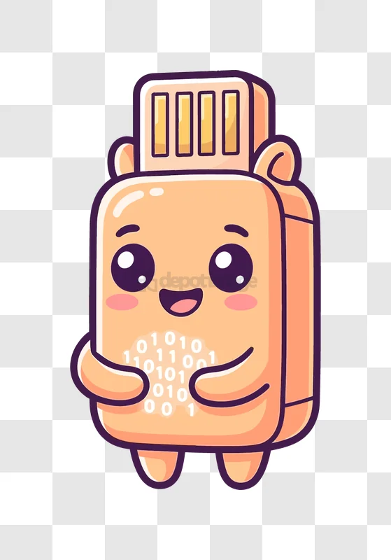 Cute Usb Drive With Binary Code, cartoon style transparent background