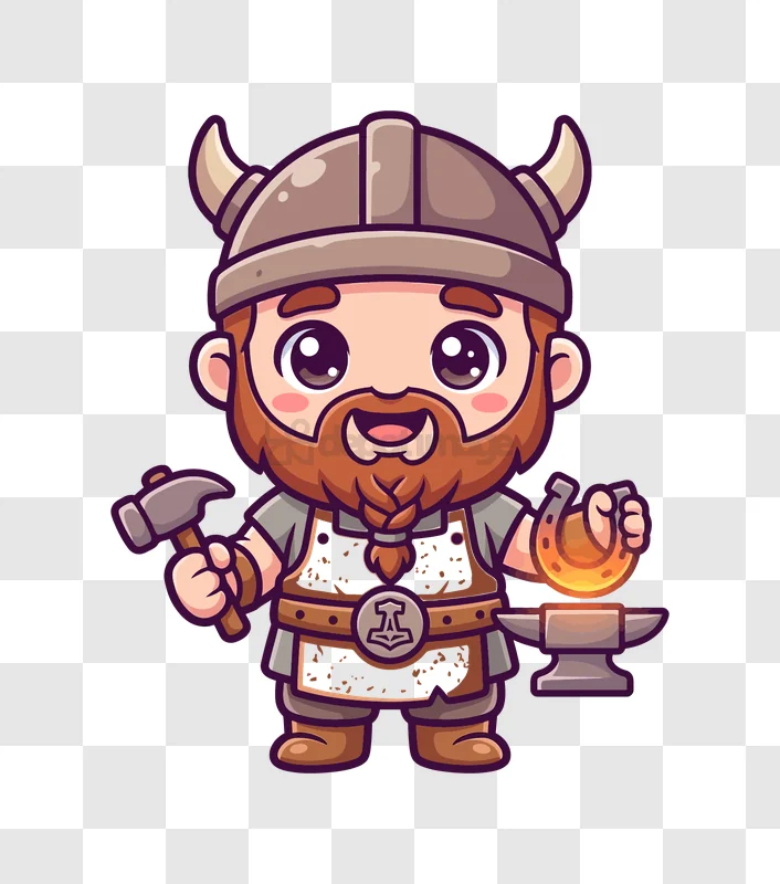 Cute Viking Blacksmith With Anvil cartoon style transparent background