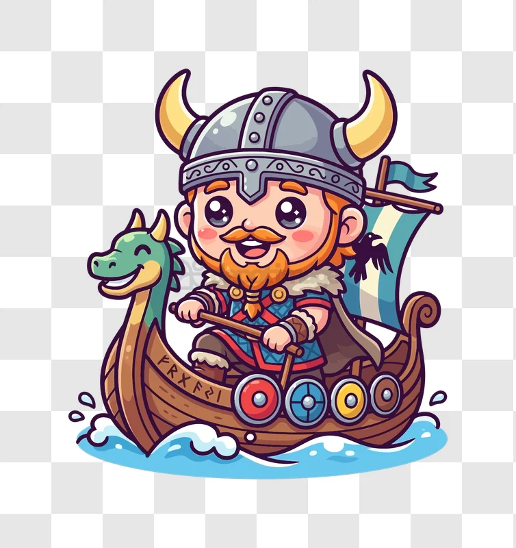 Cute Viking Character in Longboat cartoon style vibrant colors