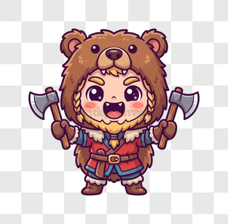Cute Viking Child Bear Costume Axes cartoon style transparent background