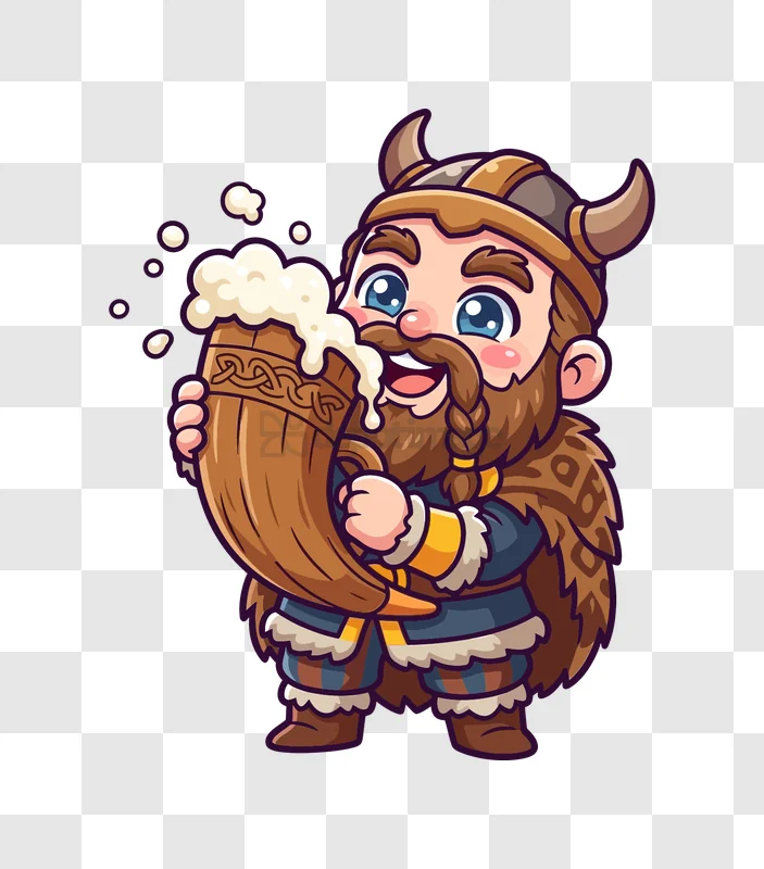 Cute Viking Drinking Beer Horn cartoon style brown beard