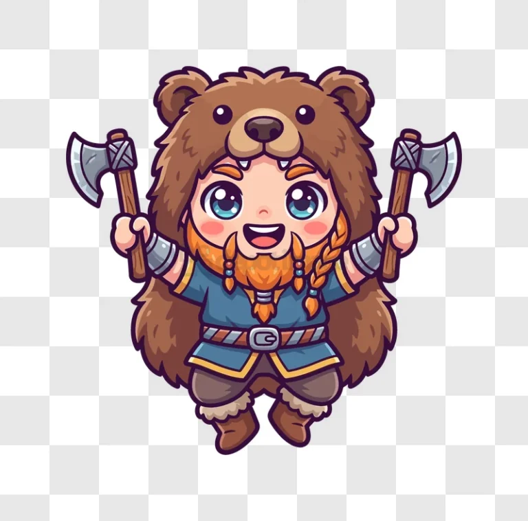 Cute Viking Dwarf With Bear Hat cartoon style with axes, transparent background