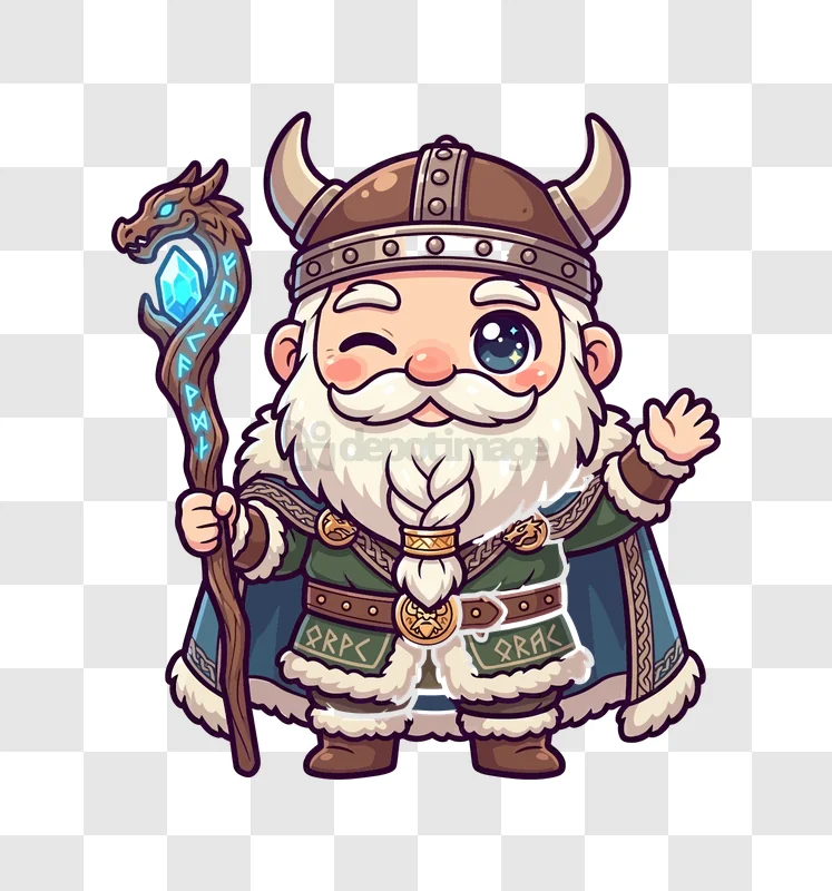 Cute Viking Dwarf With Magic Staff cartoon style, white beard, blue staff