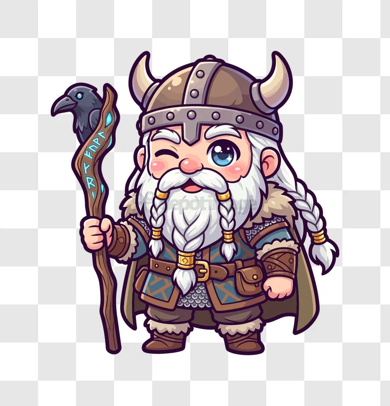 Cute Viking Dwarf With Raven Staff cartoon style transparent background