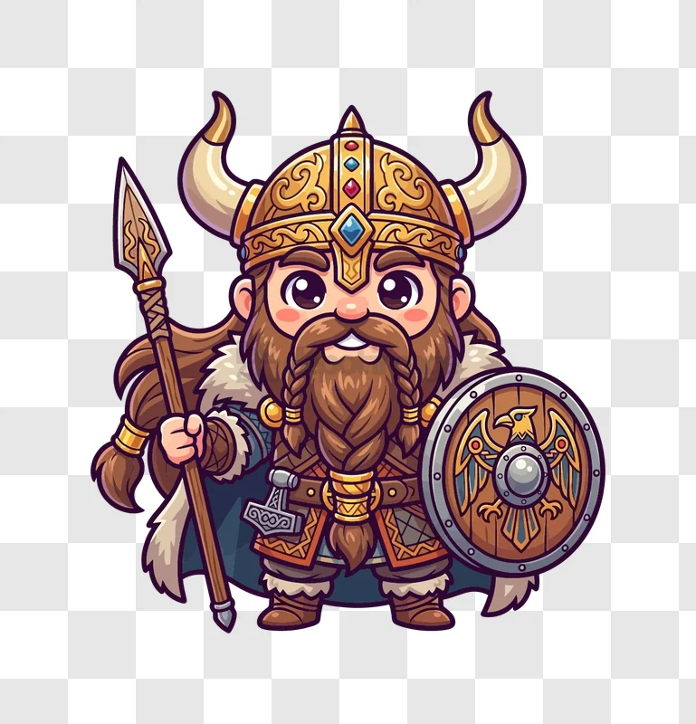 Cute Viking Dwarf With Spear and Shield cartoon style brown beard horned helmet