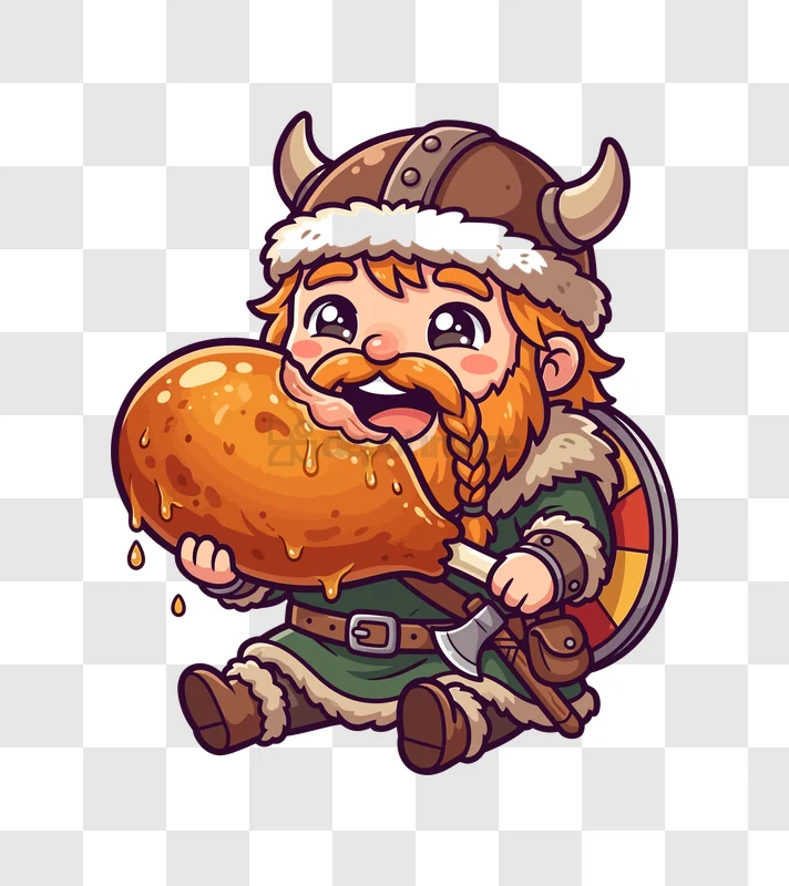 Cute Viking Eating Giant Turkey Leg cartoon style orange beard transparent background