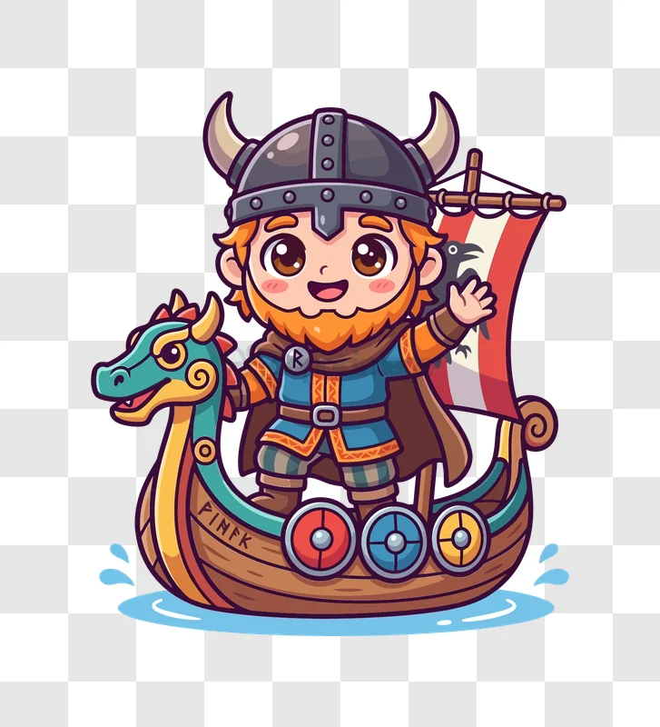 Cute Viking in Ship Waving cartoon style transparent background