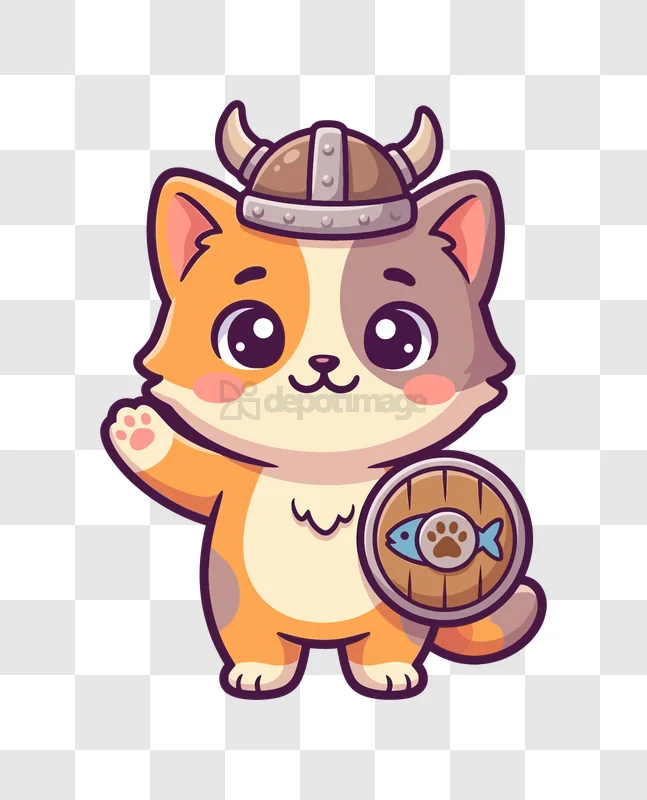 Cute Viking Kitten Holding Shield cartoon style transparent background