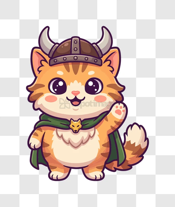 Cute Viking Kitten Waving Hand cartoon style transparent background