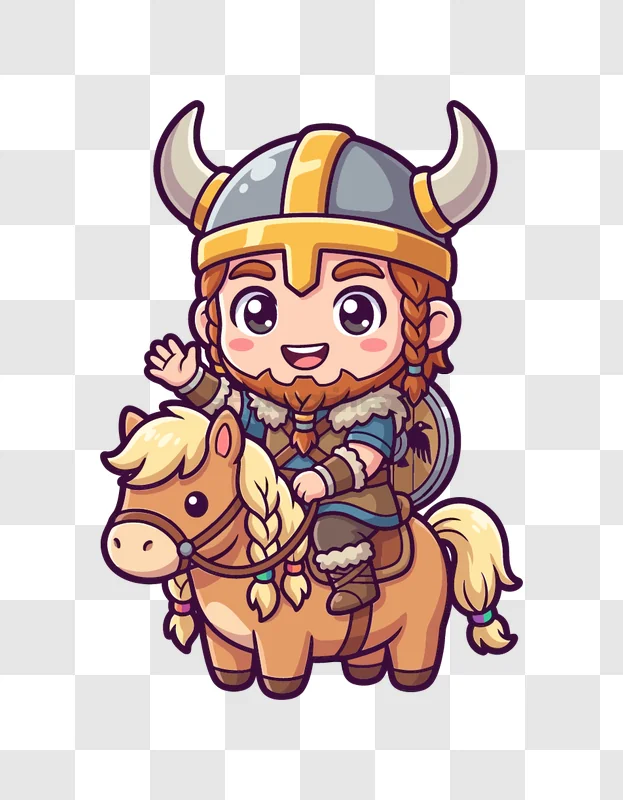Cute Viking Riding a Horse cartoon style transparent background