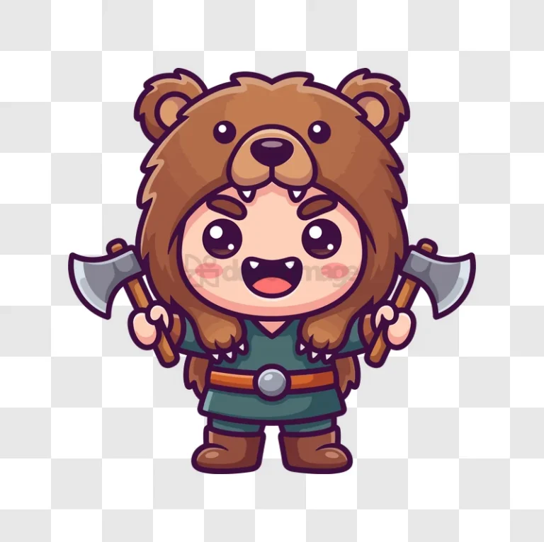 Cute Viking Wearing Bear Hat Axes cartoon style transparent background