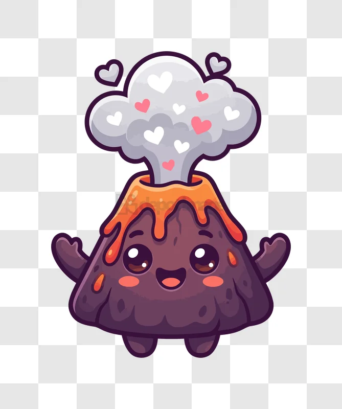 Cute Volcano Emitting Heart Clouds cartoon style transparent background