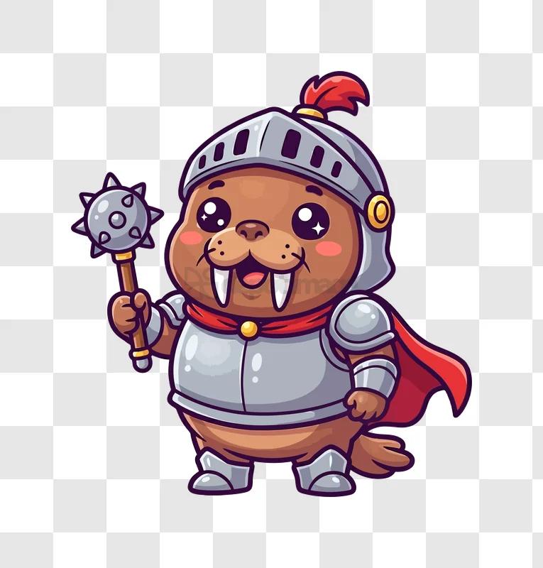 Cute Walrus Knight With Mace cartoon style transparent background