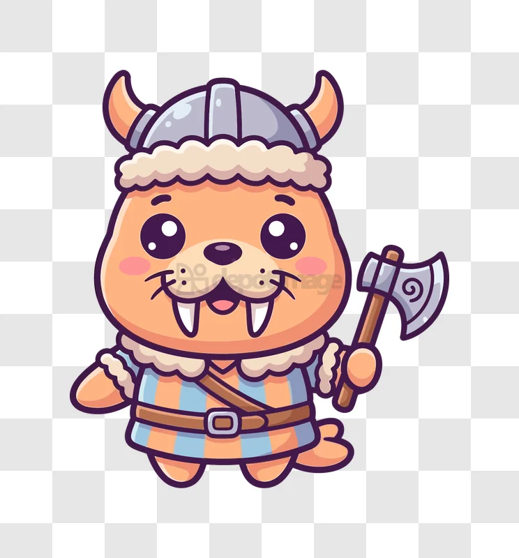 Cute Walrus Viking Holding Axe cartoon style transparent background