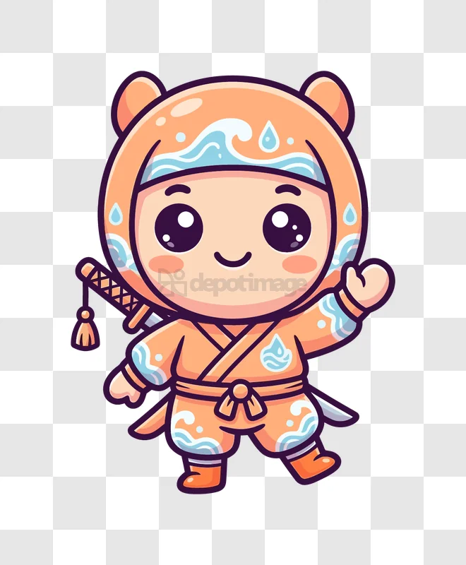 Cute Water Ninja Waving cartoon style orange blue