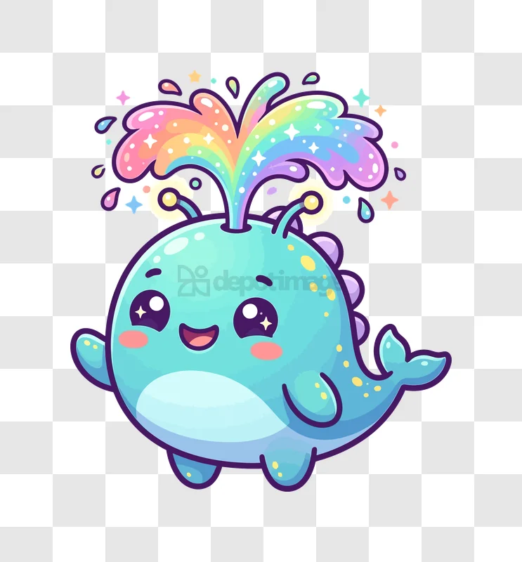 Cute Whale Rainbow Water Spout Kawaii cartoon style transparent background