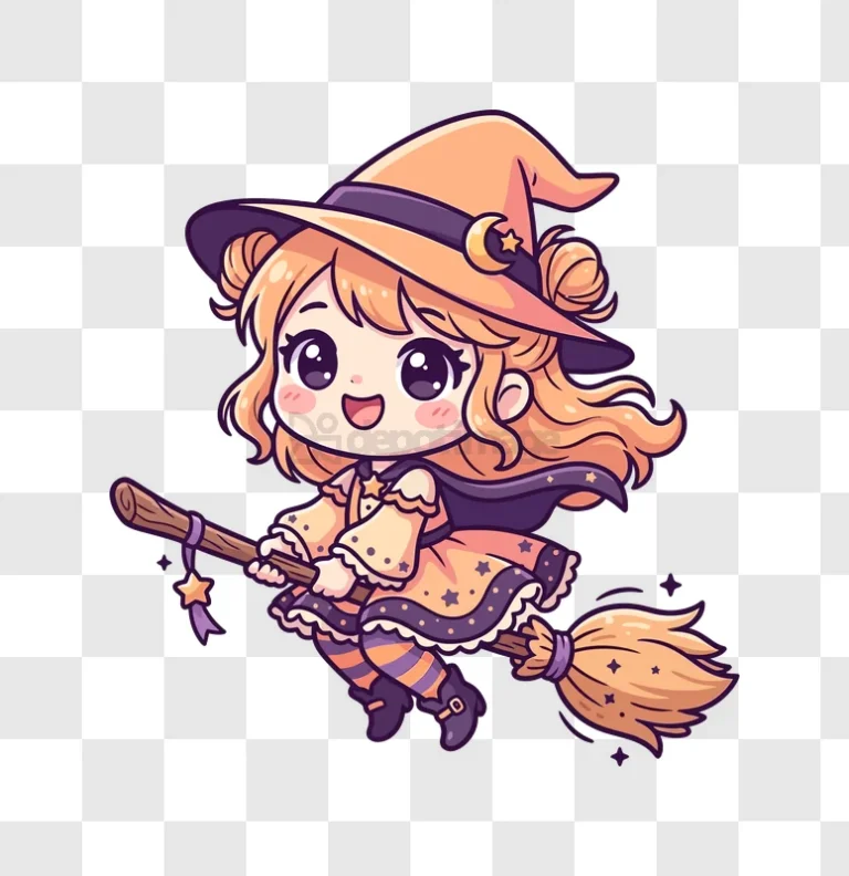 Cute Witch Flying on Broomstick, chibi cartoon style, orange and purple, transparent background