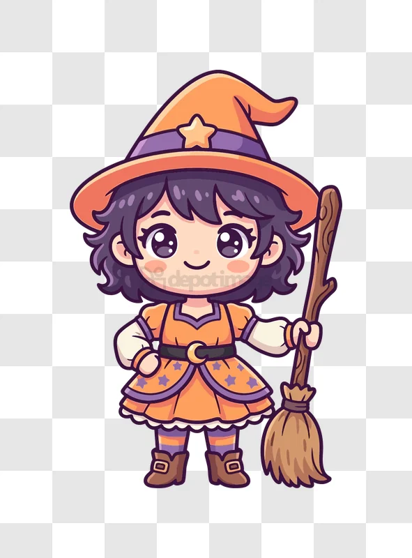 Cute Witch Holding a Broom Stick, cartoon style orange purple costume