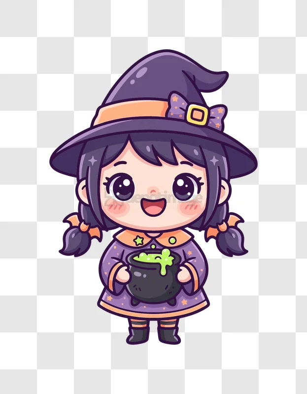 Cute Witch With Cauldron Cartoon chibi style purple outfit transparent background