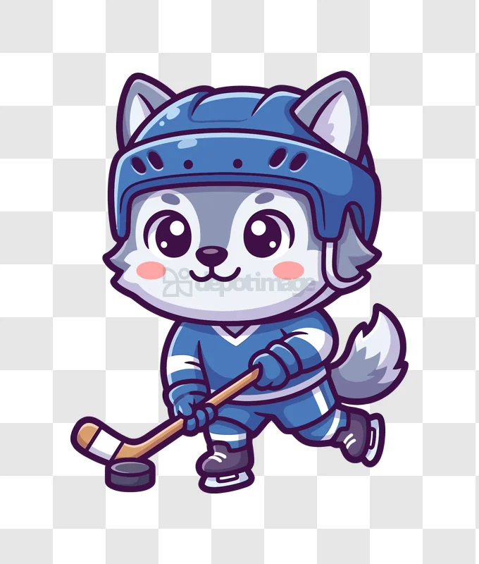 Cute Wolf Playing Hockey With Puck cartoon style blue uniform