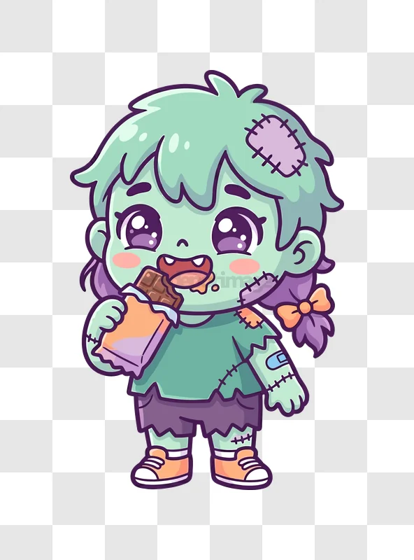 Cute Zombie Girl Eating Chocolate Bar cartoon style green purple