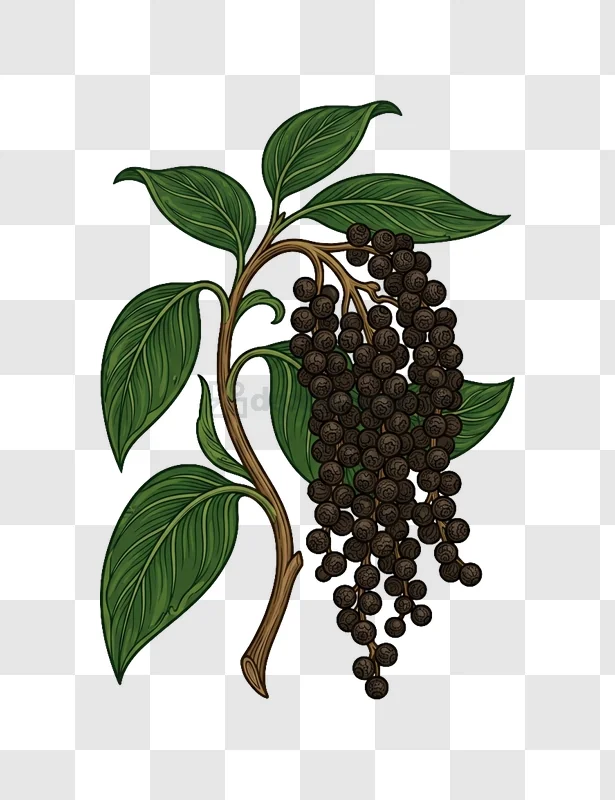 Dark Berries Cluster on Green Plant digital illustration dark brown green